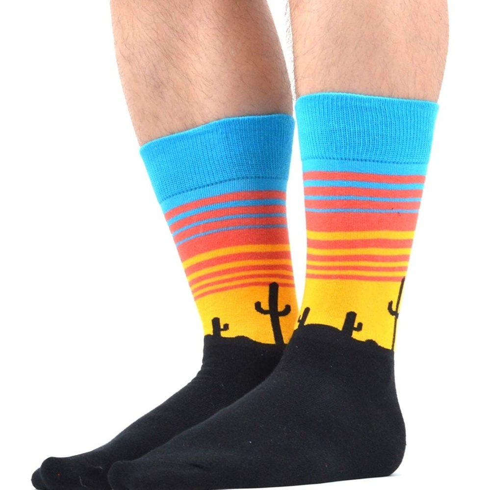 Mens Novelty Desert Cactus Cotton Crew Socks Black - Picture 4 of 5